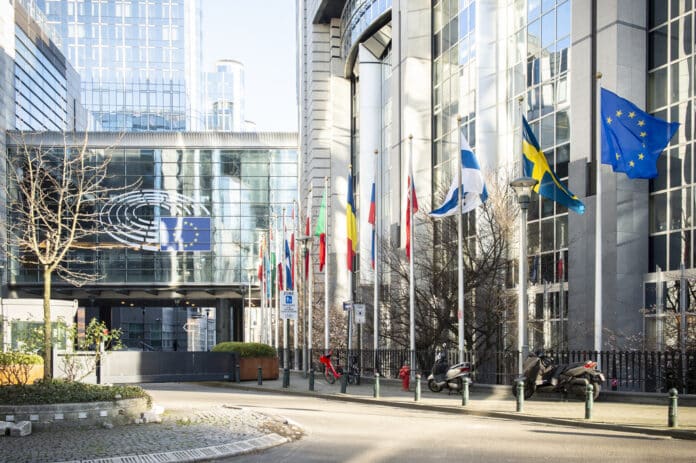 EU flags outside the EP in Brussels